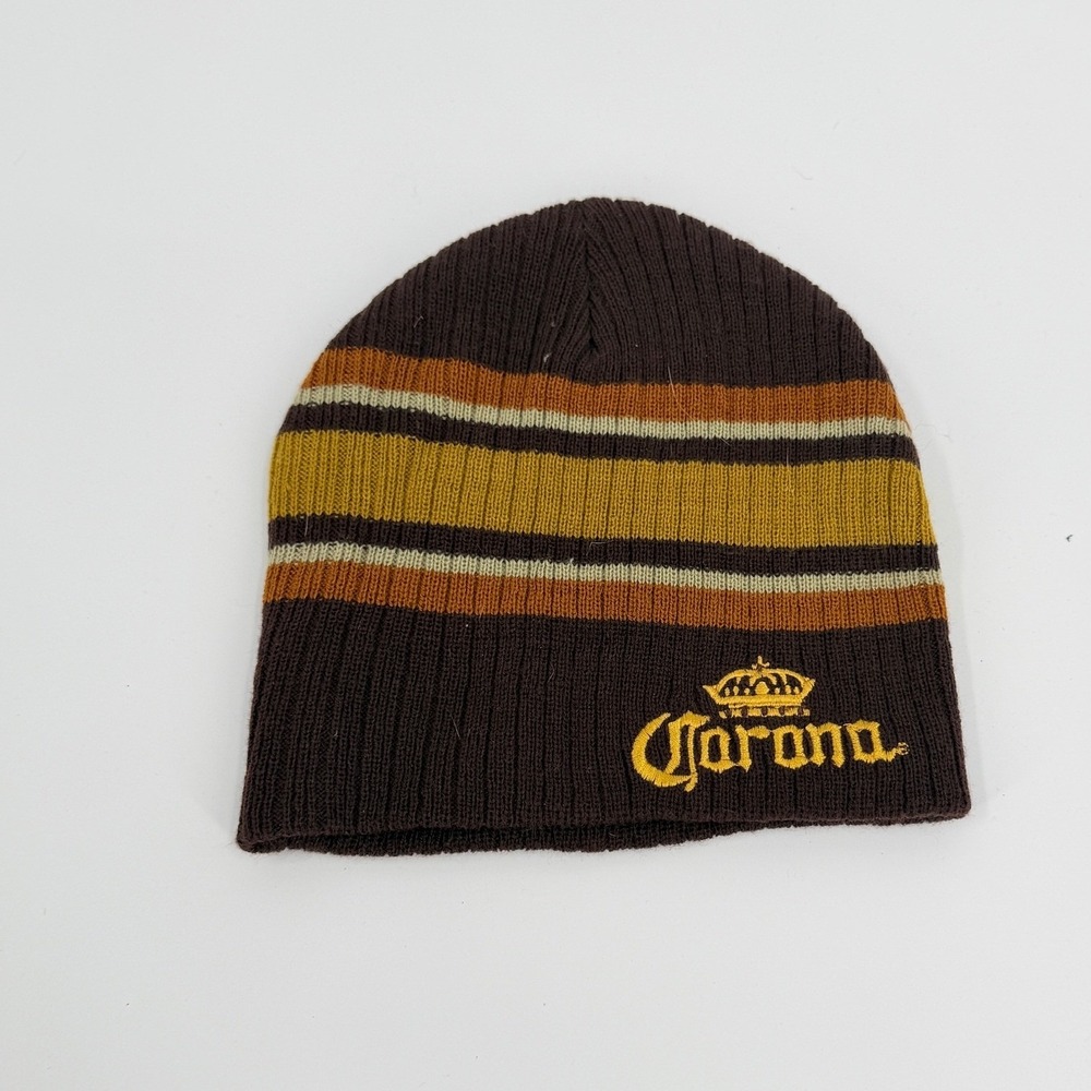 Corona Beanie Hat Striped Logo 2000s Y2K Women OSFA Brown Yellow Gold Beer Rare